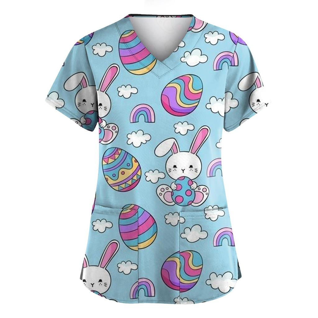 Women's Valentine's Day Printed Loose V-Neck Pocket Short Sleeve Uniform  Uniform