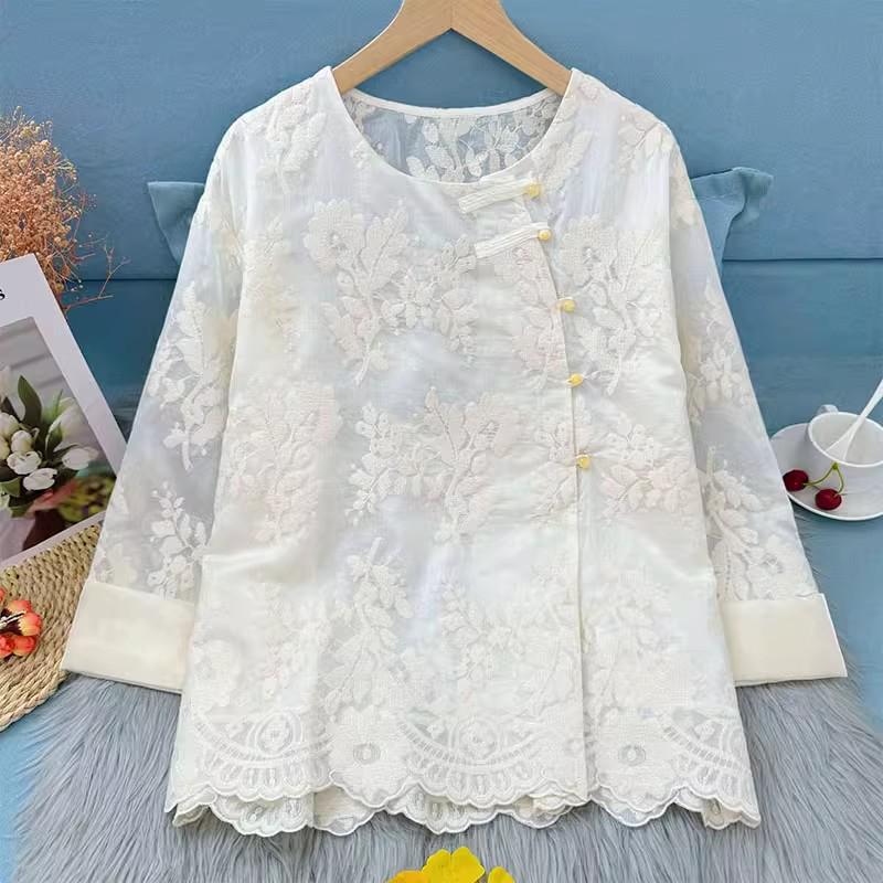 Women's Summer Asymmetrical Jacquard Cardigan with Frog Button and Crochet Design