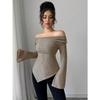 Women Solid Off Shoulder Slim Fit Ribbed Knit Long Sleeve Commute Bottoming Top