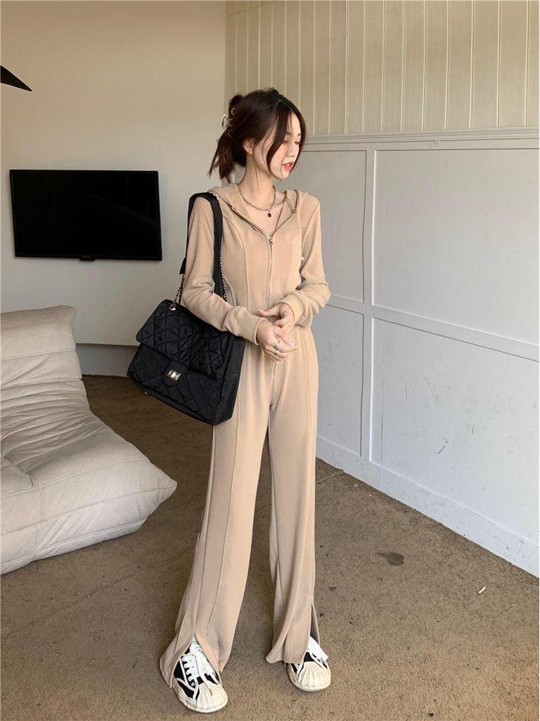 Women's Two-Piece Korean Style Hooded Sweatshirt Jacket with Slit Wide-Leg Pants for Spring and Summer