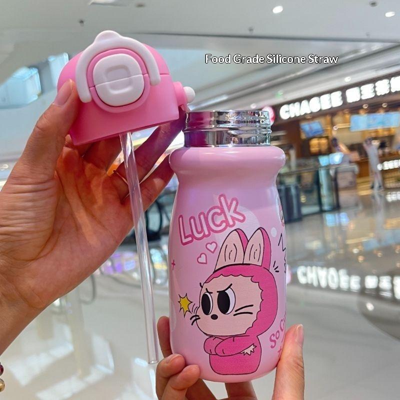 Children's Simple Thermos Cup High Value Cartoon Stainless Steel Straw Water Cup Student Portable Cup