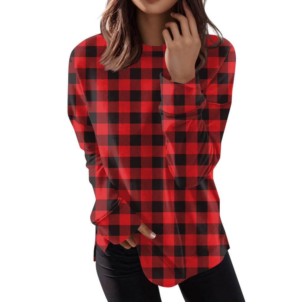 Women's Fashion Casual Long Sleeve Plaid Round Neck Top