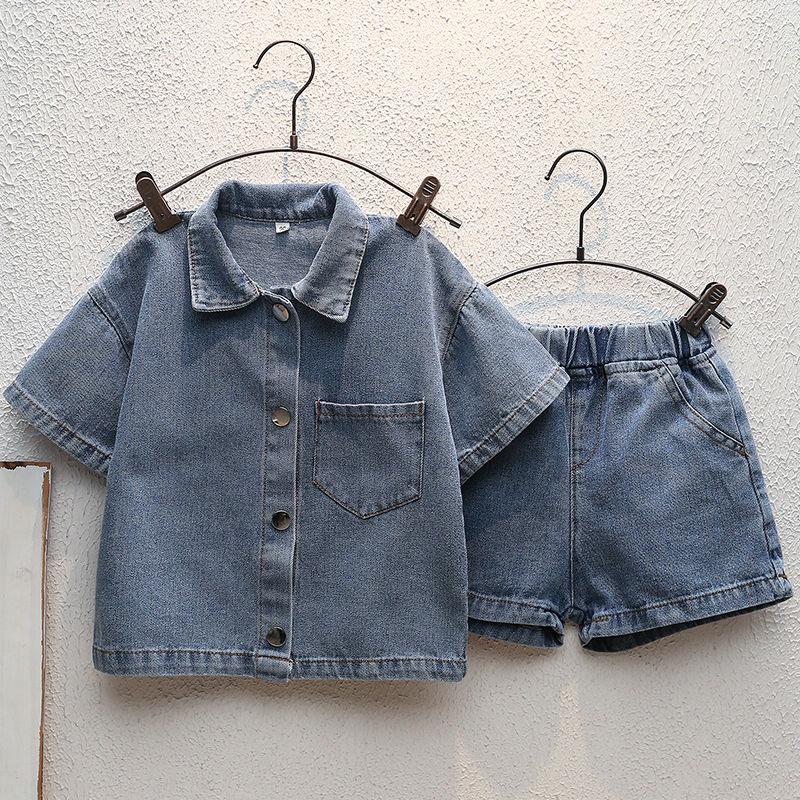 Boys' Jeans Suit Summer Handsome Short Sleeve Fashionable Thin Boys' Summer Two-piece Set Casual Blue Suit