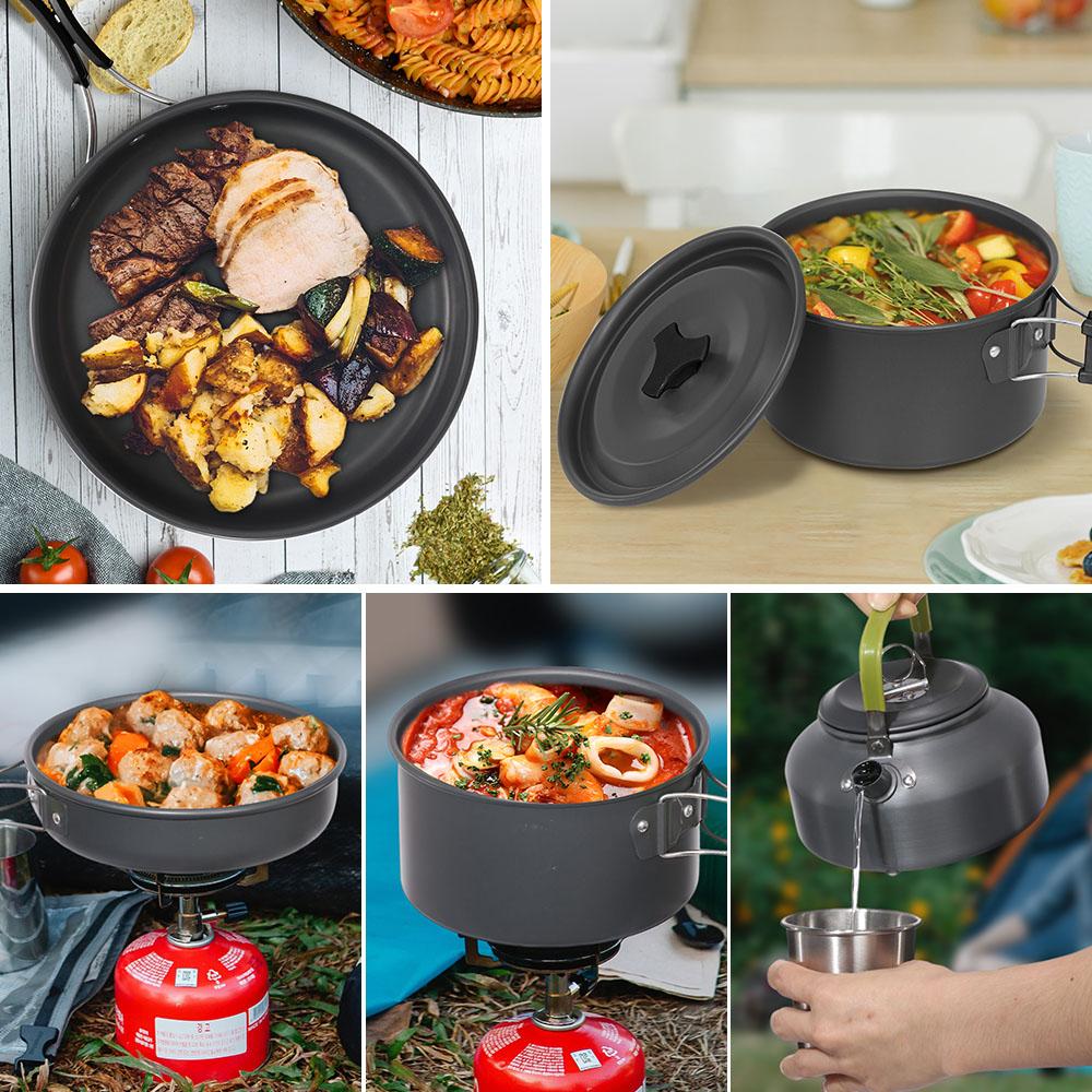 Camping Cookware Set Lightweight Portable Pan Kettle Cups Spoon Fork Cutter for Picnic Hiking Teapot Cookware Travel Cooking Set