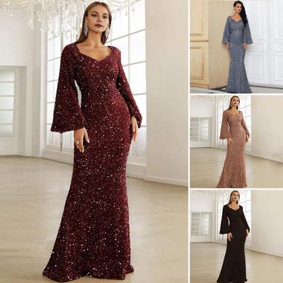 Women Evening Dress Bell Sleeves Sequin A-line Slim Fit Low-cut V Neck Maxi Dress Mid Waist Back Zipper Closure Prom Dress