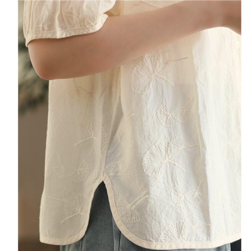 Johnature Woman Summer Fashion Embroidery Cotton Short Sleeves Shirt Chinese Style Vintage Solid Color Loose Shirt