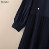 ZANZEA Women Casual Round Neck Summer 3/4 Sleeve Pleated Dress