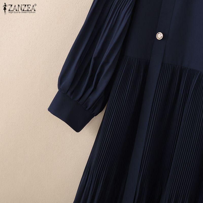 ZANZEA Women Casual Round Neck Summer 3/4 Sleeve Pleated Dress