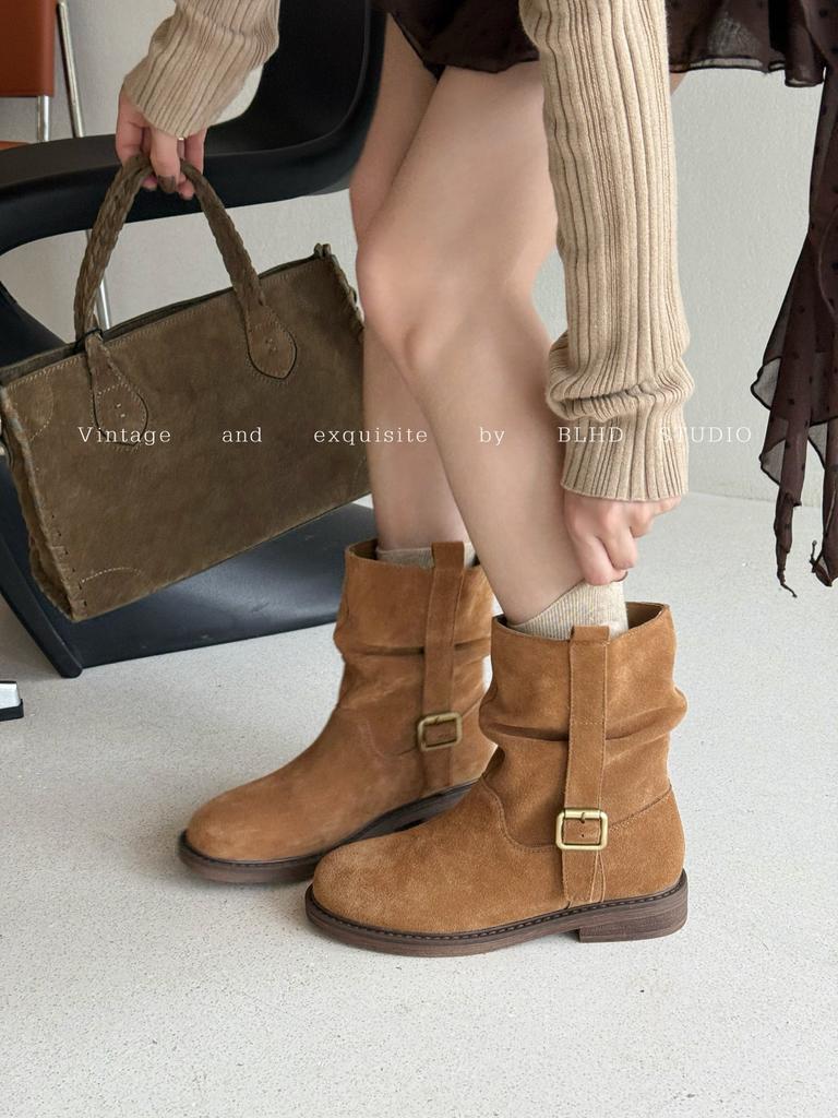 2025 autumn retro suede V-mouth western cowboy boots pointed mid-tube boots medium antique belt buckle stacking boots