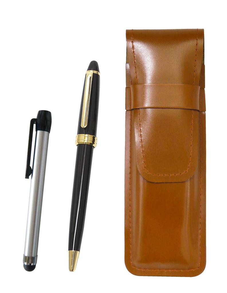 Slim Brown Leather Pen Case with Metal Touch Silver and Neo Ballpoint Pen Set Bōgin D-600 (Black) ASC-ALST-600B-B