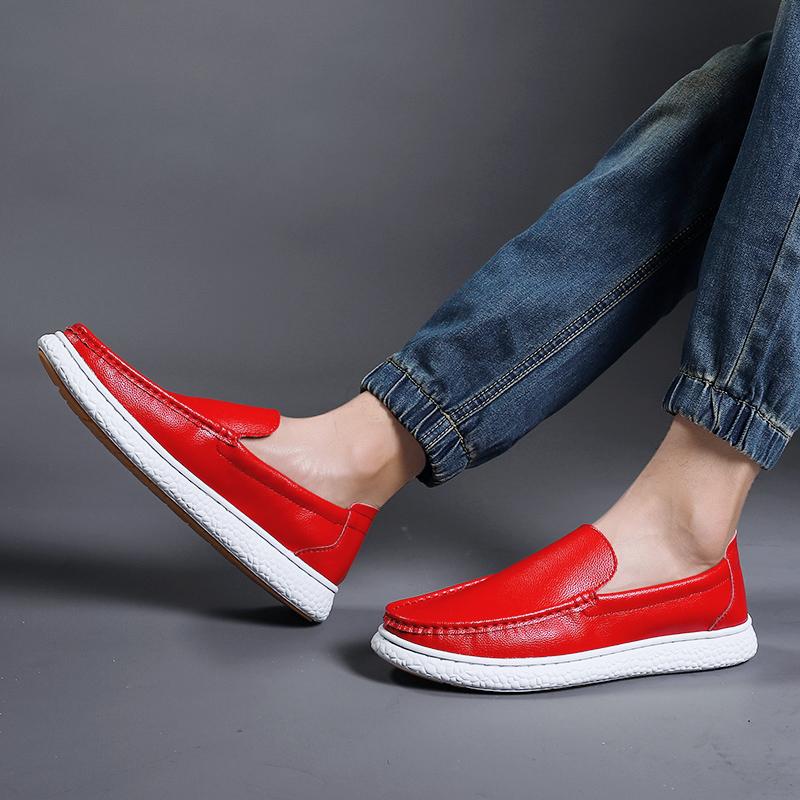 White Shoes Mens Flat Bottomed Loafers Boat Shoes Soft Soled Driving Non Slip Casual Genuine Leather New One Step Casual