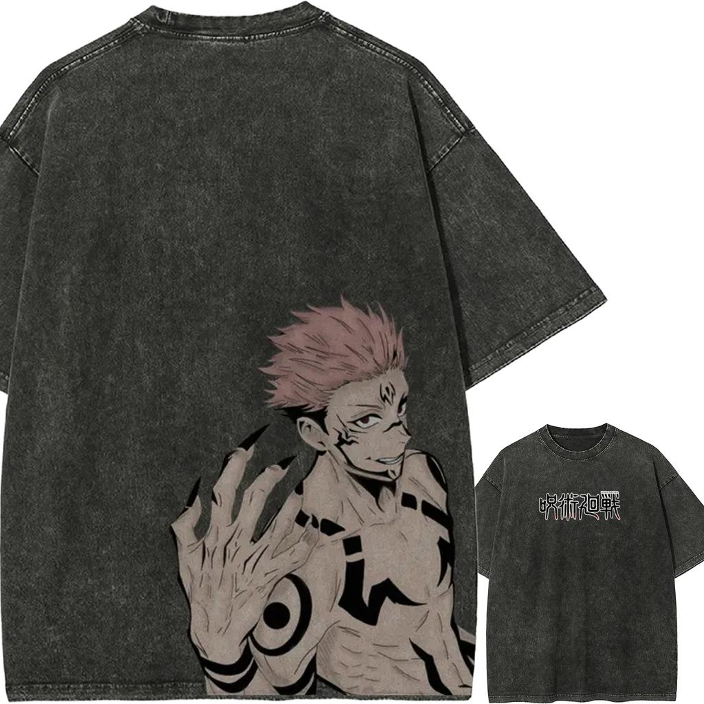 Sukuna Tattoo Tshirt Jujutsu Kaisen Tee Vintage Washed Oversized Retro Anime Harajuku Streetwear Graphic Manga Men Clothes