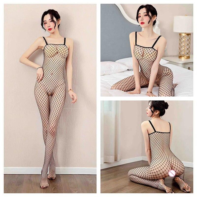 Erotisk undertøy for Sexy Fiskenett Crotchless Catsuit Åpen Skritt Kroppsstrømper Uniform Teddies Bodysuits Nettdrakt Jente