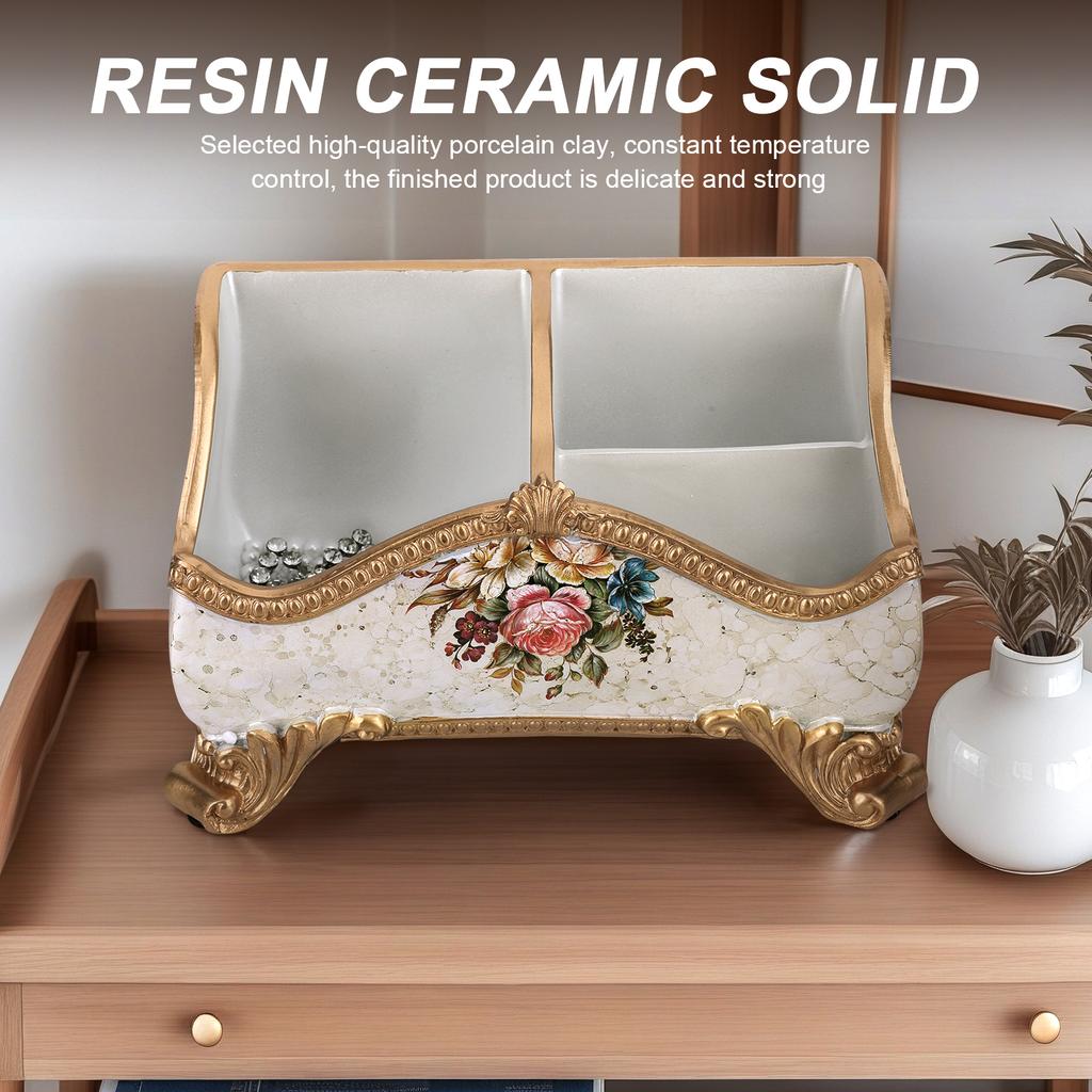 Vintage Floral Resin Tray European Style Storage Box Ornament Desk Organizer Three Compartment Storage Box Table Home Decor