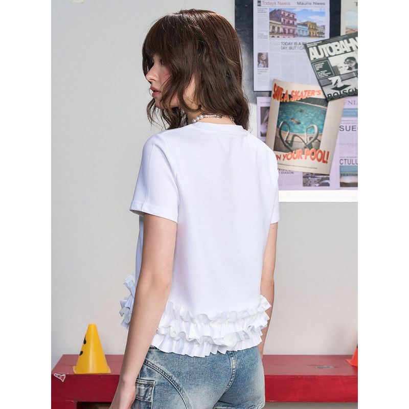 Coolhut2025 Summer Women's Ballet-Style Lace-Trimmed Patchwork Short-Sleeved Top with a Unique Design and Lace-Trimmed T-Shirt