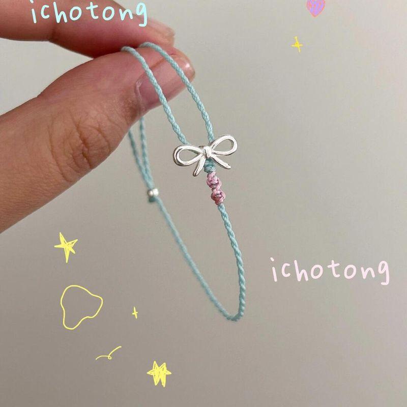 

S925 Стерлинговое Серебро Бант Плетеный Ручной Ремешок Женский Изысканный Милый Светло-Голубой Браслет Ручной Вязки Веревка Легче всего для Сочетания Минималистичный A hand rope [Bows 925 silver]]