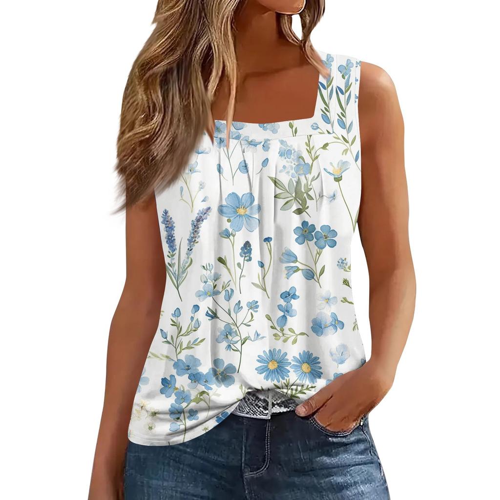 Dam Mode Casual Plisserad Fyrkantig Krage Ärmlös Väst Tryck Sommar T-shirt