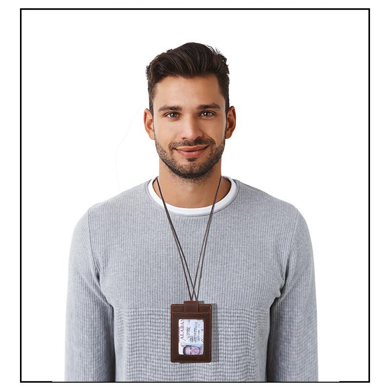 US Retro Crazy Horse Leather ID Card Badge Holder with Lanyard for Mens Multi Card Slots Coffee Cards Cases Office Supplies