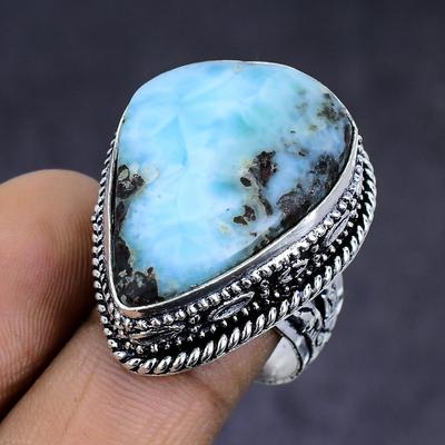 Pedra Preciosa Larimar Natural Republic Prata de Lei 925 Joia Anel Tamanho 8 D3Y90