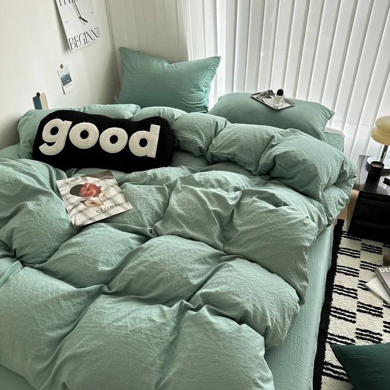 Washed Cotton Bed Linen Bedding Set 3/4 Pieces Bed Sheets Set Solid Color Comforter Cover Couple Queen King Size Bed Quilt Cover