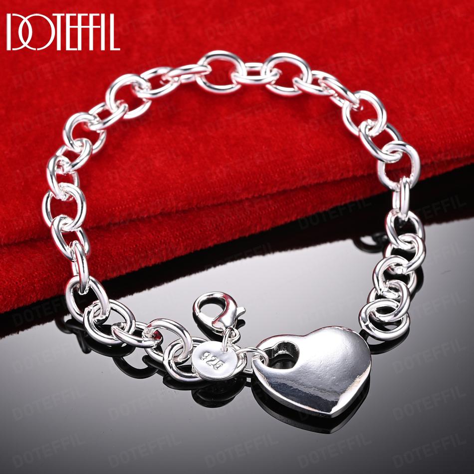 925 Sterling Silver O-shaped Chain Heart Pendant Bracelet Gift Wedding Fashion Jewelry