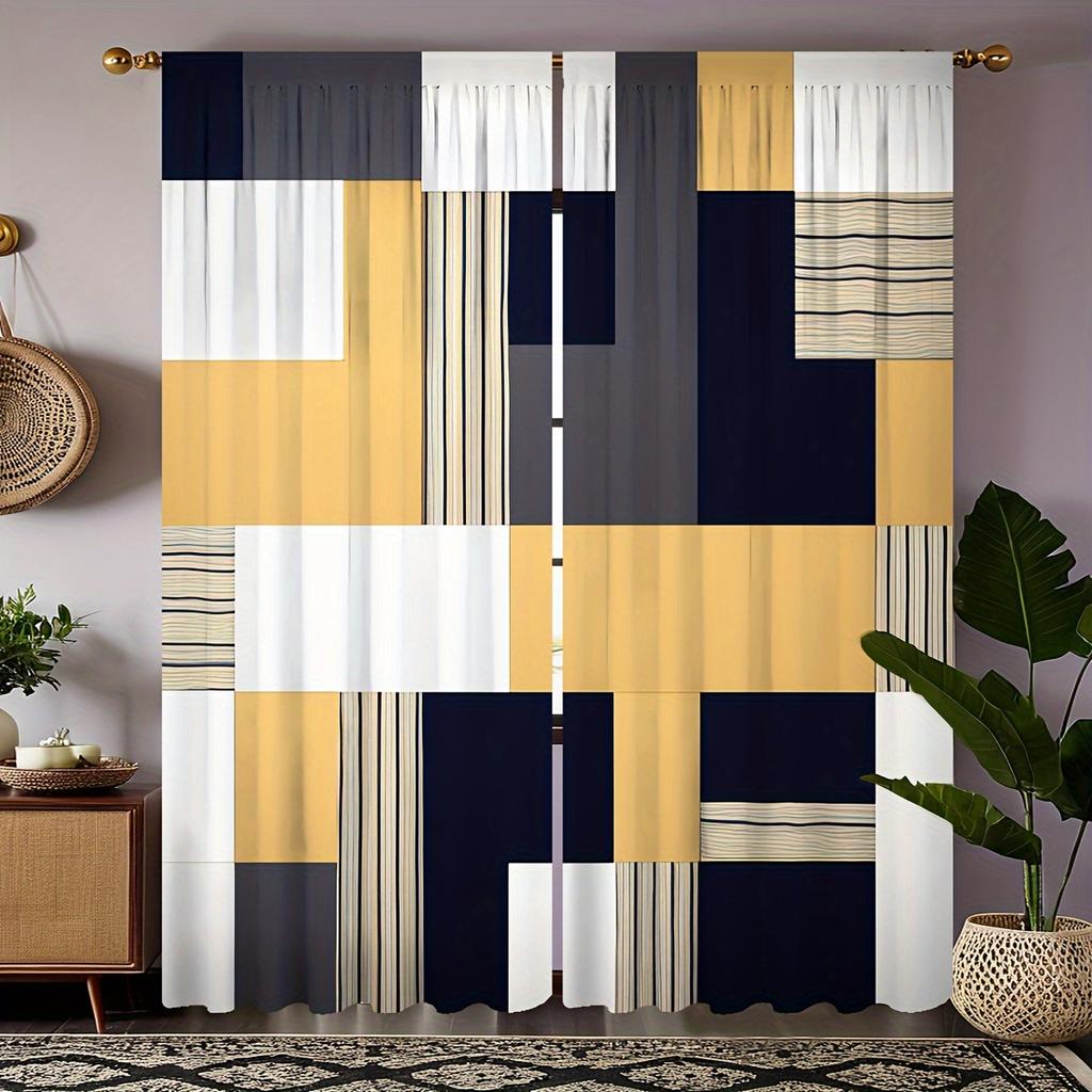 2pcs Set Modern Geometric Curtains Black & White Rod Pocket Design for Easy Hanging for Living Room Bedroom Kitchen Window Drape