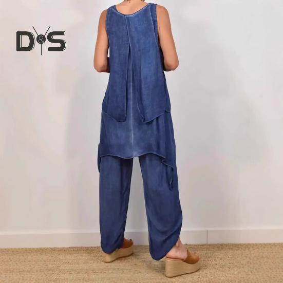 Todelte antrekk for kvinner, avslappet ermeløs uregelmessig topp, sett med vide benbukser, løst loungesett for sommeren