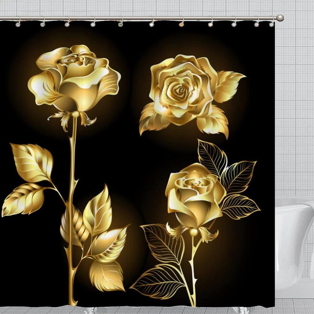 Purple Rose Shower Curtain Retro Floral Shower Curtains Waterproof Gold Classical Chic Elegant Flowers Vintage Bathroom Curtains