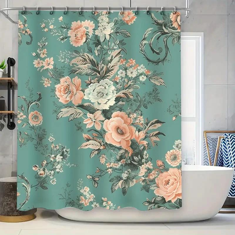 Beautiful Floral Shower Curtain Rustic Green with Pink Flowers Bathroom Decor for Home Bathrooms Privacy Screen for Bathtubs