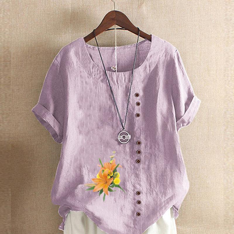 Women's Fashion Flower Pattern Print Short Sleeve T-shirt Loose Cotton Shirt Casual Loose Summer Blouse Tops Plus Size