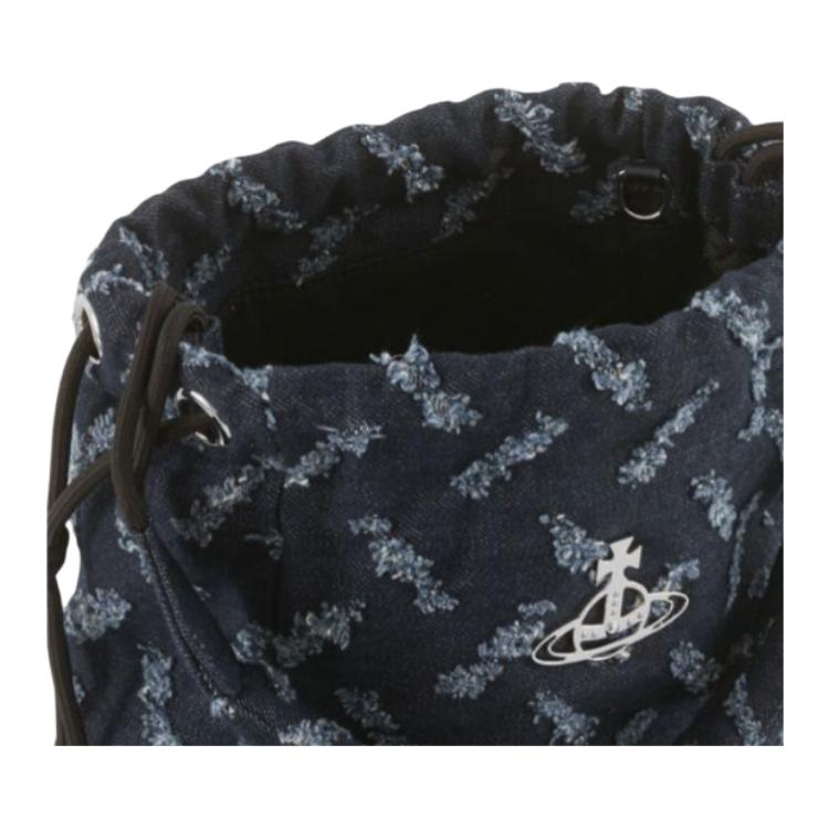 VIVIENNE WESTWOOD Hilary Denim Pattern Silver Hardware Cotton Bucket Bag Women Handbags Indigo 4C03000AUW01BOINDIGO