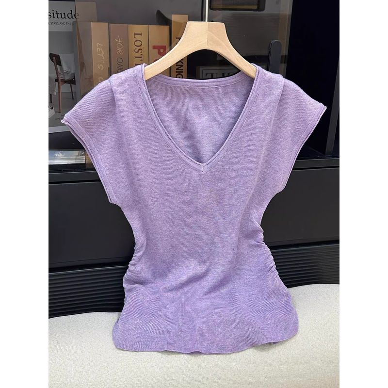 

Purple Pure Desire V-neck Knitting Ice Silk Flying Sleeve Shoulder T-Shirt Small Silm Asymmetrical Short Tops Female Summer Purple Premium Edition S