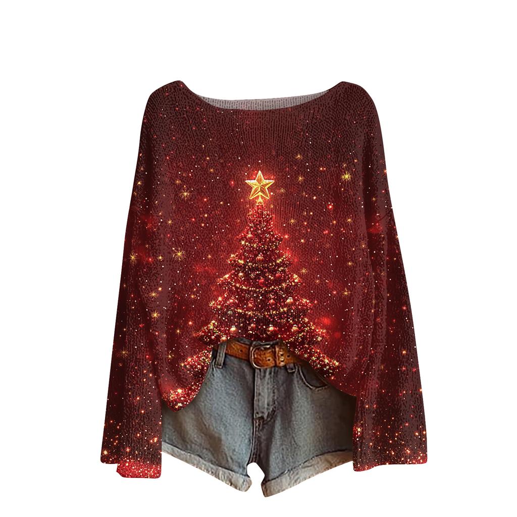 Ladies' Fashionable Casual Long Sleeved Christmas Printed Round Neck Knitted Yarn