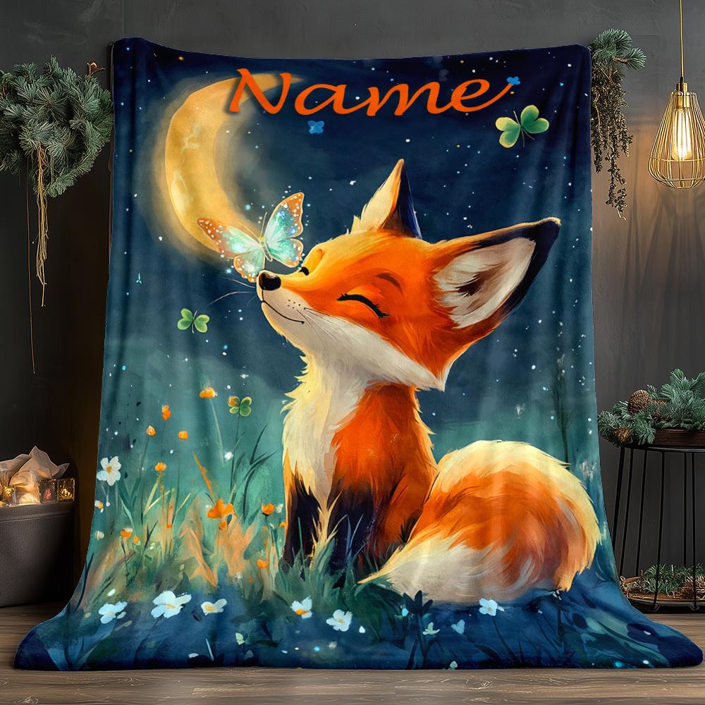 Custom Fox And Butterfly Fleece Blanket Personalized Name Dreamy Animal Print Throw Soft Warm All Season Bedding Gift For Kids