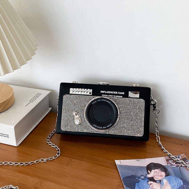 Korean Faux Camera Shape Shoulder Bag Women Chain Rhinestone Box Crossbody Bag Ladies Fashion Unique Design Small Square Bag New