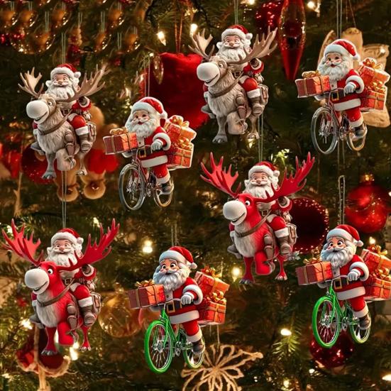 Dřevěná vánoční ozdoba 2D Santa Claus v horkovzdušném balónu/na kole/tučňák/elf závěsné ozdoby na vánoční stromek, sváteční párty dekorace