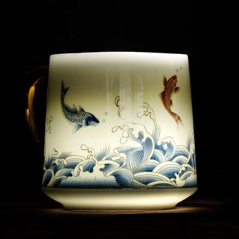 Dehua Ceramic Gold-Traced Fish Design Office Tea Cup