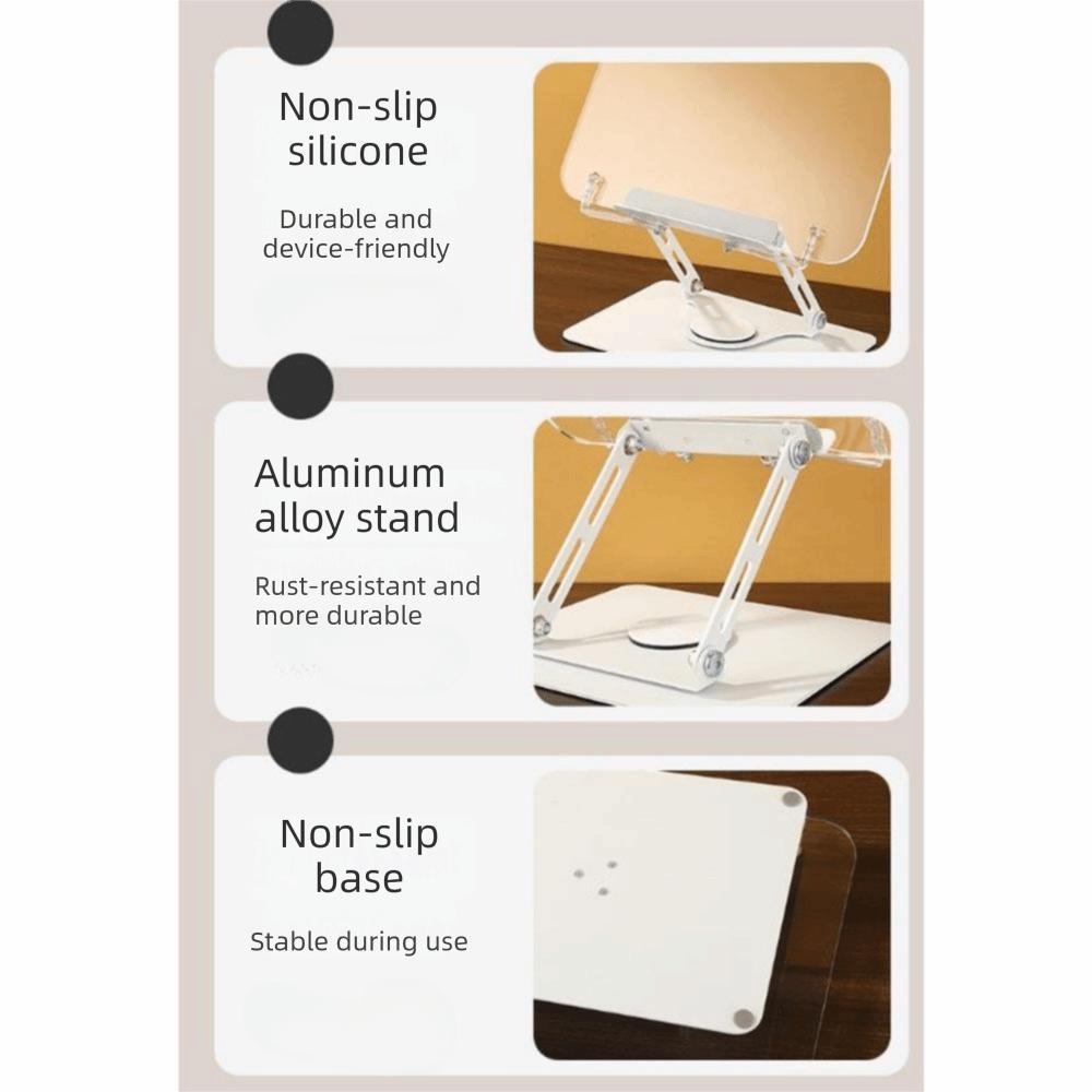 Adjustable Height Acrylic Book Stand 360° Rotating Base Elastic Page Clips Desktop Book Holder Hands Free Foldable