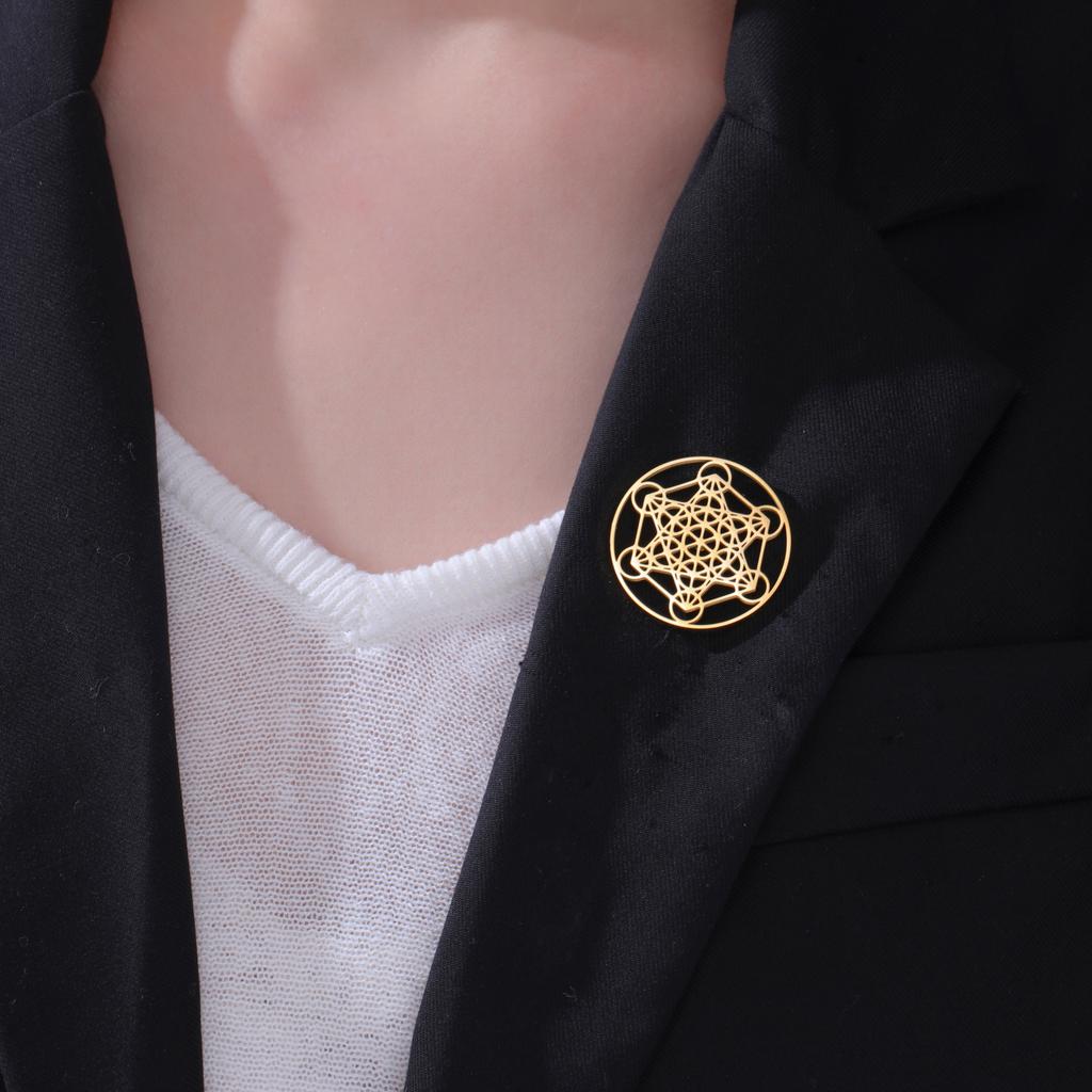 LIKGREAT Hollow Geometry Brooch Metatron Cube Archangel Metatron Medal Stainless Steel Badge Pin Spiritual Amulet Jewelry Gift