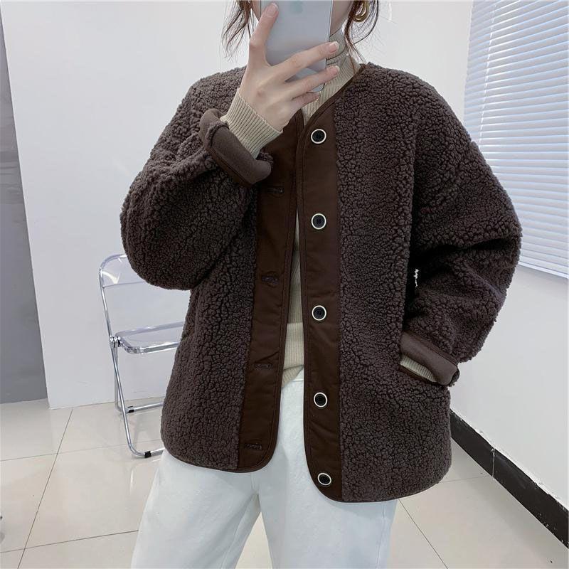 Women's Korean-Style Lambswool Plush Coat - 2025 Autumn/Winter Casual Loose Fit Baseball Jacket