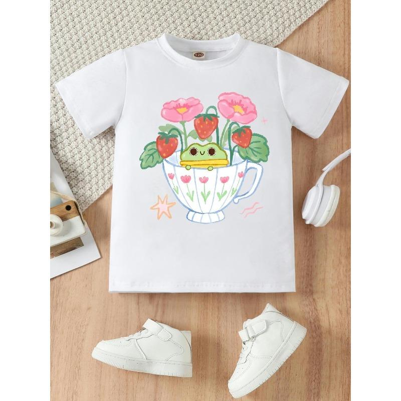 European sizes A 'S Short-Sleeve Crew-Neck T-Shirt Featuring a Small Frog Design in a Vase, Perfect for Casual Outings Or Daily Use