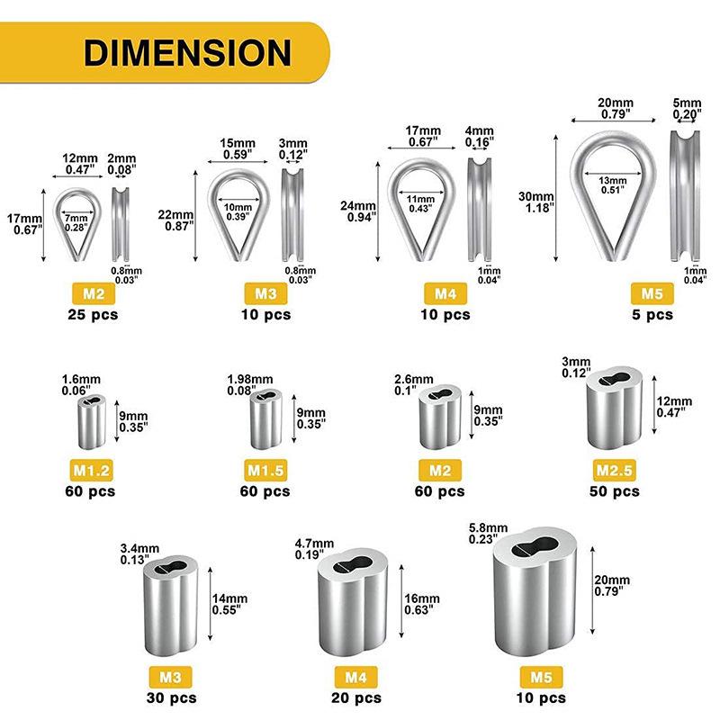340-Piece Stainless Steel Wire Rope Kit with 304 Stainless Steel Thimbles, Ferrules, Double Hole Aluminum Sleeves, and Figure 8 Rigging