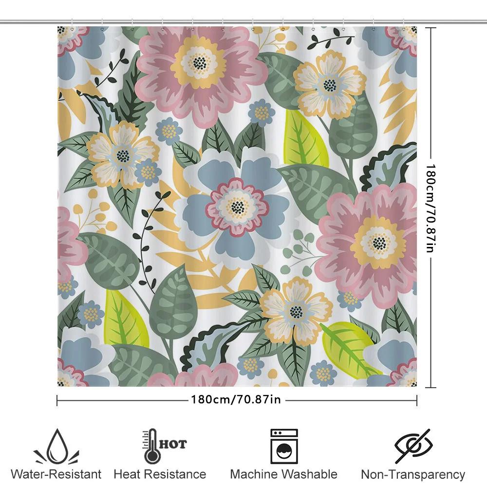 Floral Printed Shower Curtain Setpink Green Blue Yellow White Bath Towel Decorative Waterproof Window Shutter 6 Hooks For Bathro