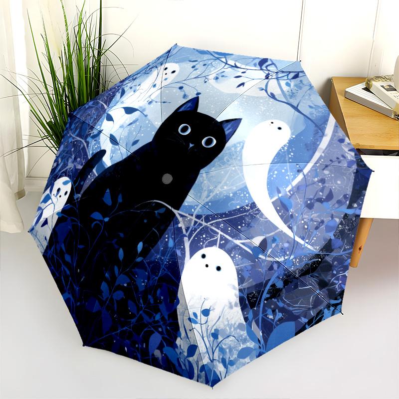 Night Cat  pattern, automatic folding umbrella, portable and foldable design, 8 ribs, a Christmas or birthday gift.