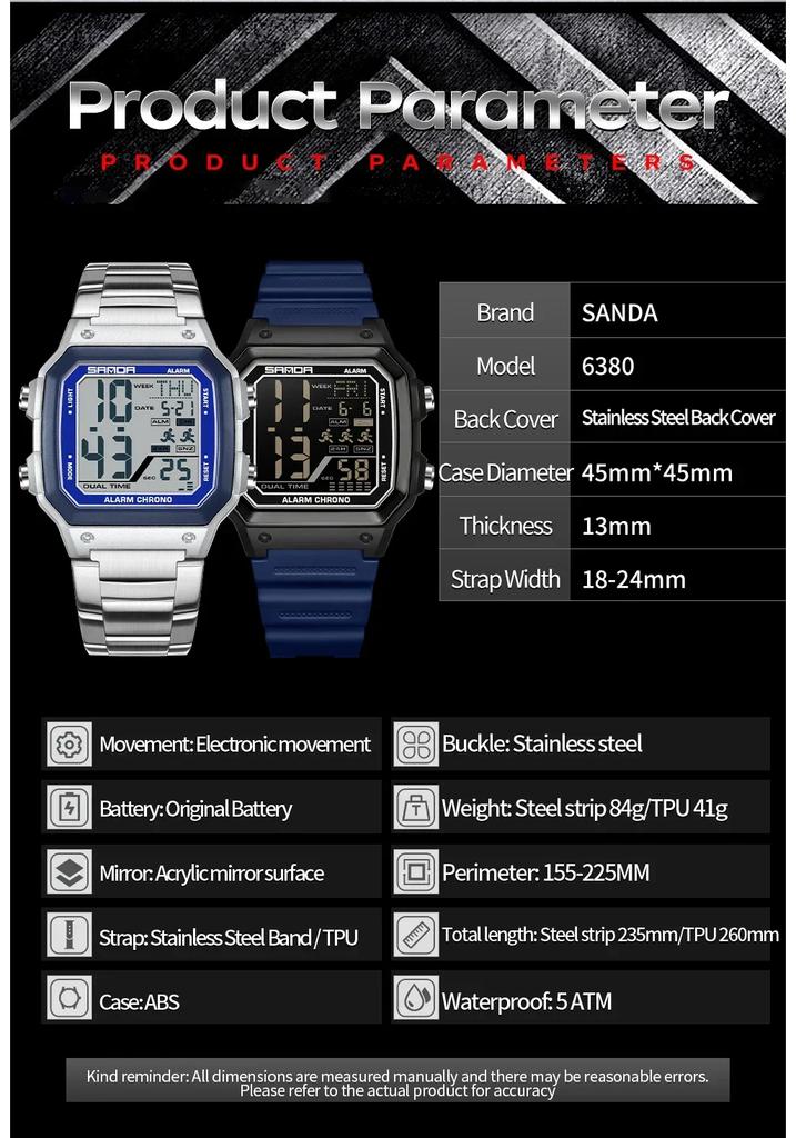 Sanda 6380 Fashion Men's Electronic Led Digital Watch Sports Night light Multi Functional Waterproof Student Timing Alarm Clock