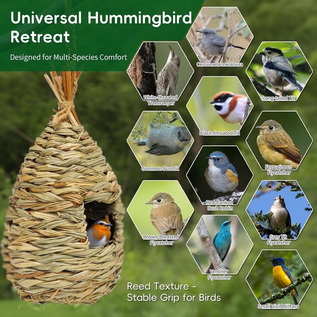Hummingbird Houses for Outside Hanging, Natural Grass Hanging Bird Hut, Hand Woven Bird Nest, Large Wren Finch Bird House for Garden Window Outdoor