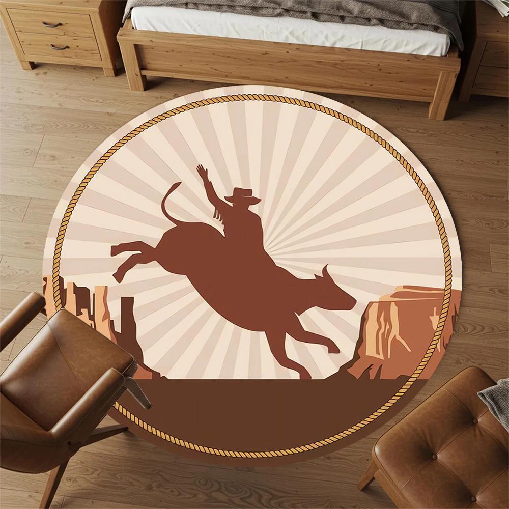 1pc Bull RidingRodeo Round Chair mat Area Rug - Non-Slip, Floor Mat for Office, Bedroom, home decor Christmas Gift p0811336