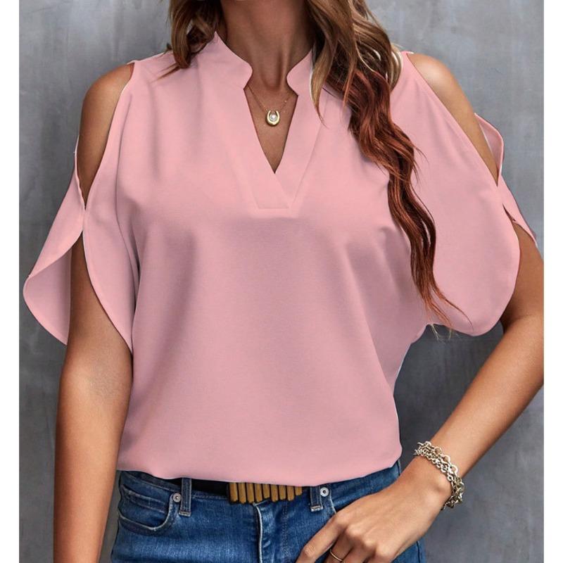 BITCED Women's Fashion Casual Solid Color Print Short Sleeve V Neck Blouses & Shirts
