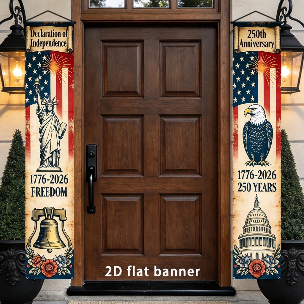 2D Flat, 2D Door Banner, 2D Flat Party Banner, 2pcs Set, 1776-2026 Porch Hanging Decoration Banner, 250th Anniversary of American Independence Porch H