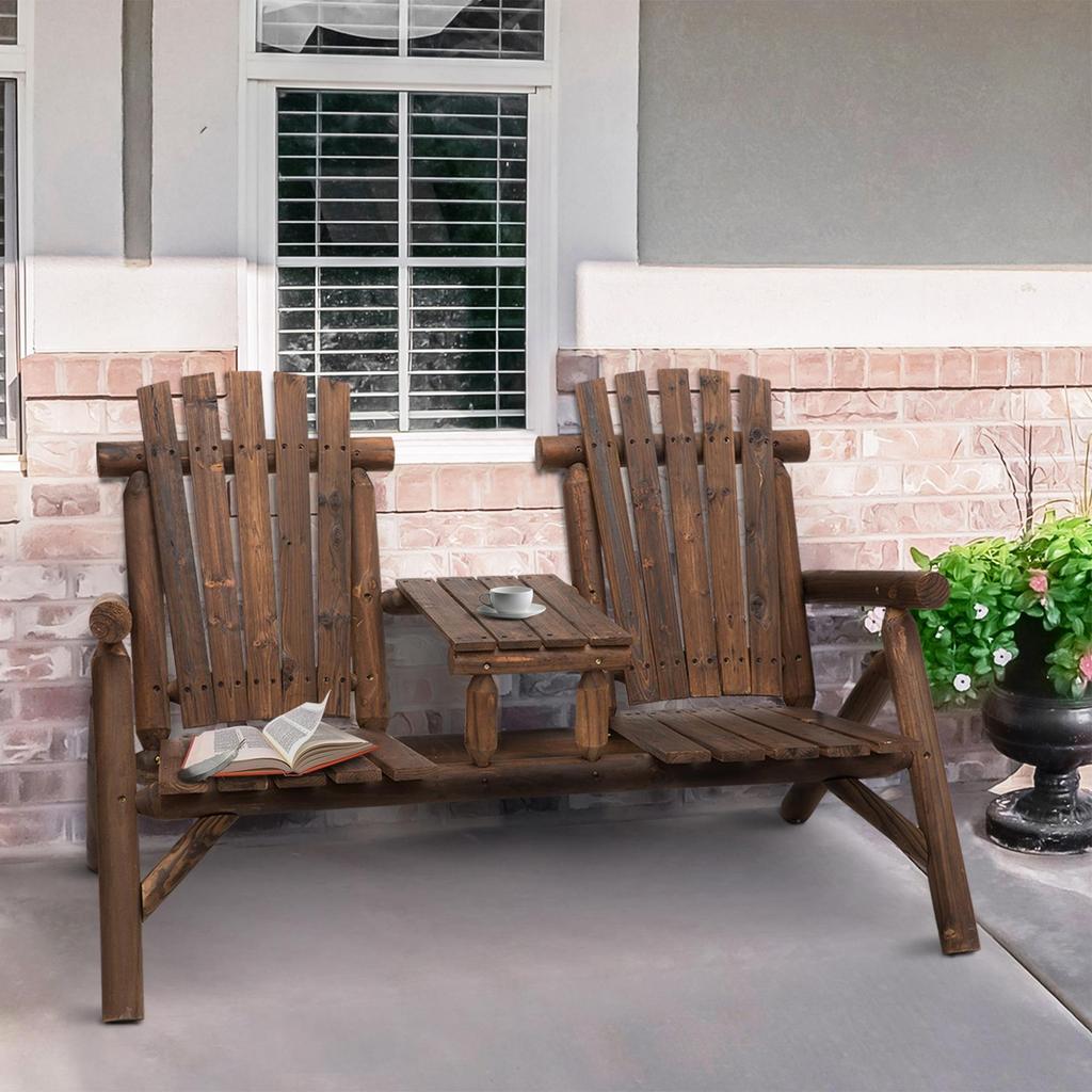 Wood Patio Chair Bench 2 Seats W/ Centre Coffee Table, Garden Bench, Carbonized